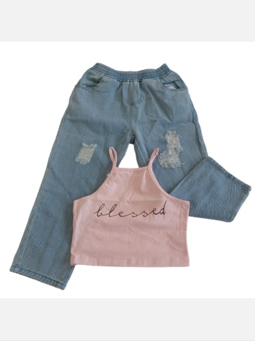 Toddler Baby Girls Denim Ripped Jeans Fashion Outfit Pink Blessed Top Shirt Set